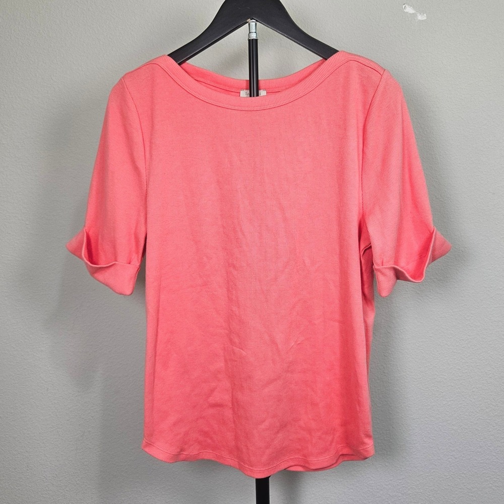 Talbots Ribbed Knit Top Womens Large Coral Pink Boat Neck Cuffed Sleeve Preppy
